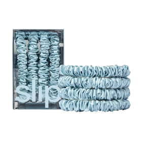 SLIP Silk Hair Ties Set of 4 Sky Blue Skinny Scrunchies front view
