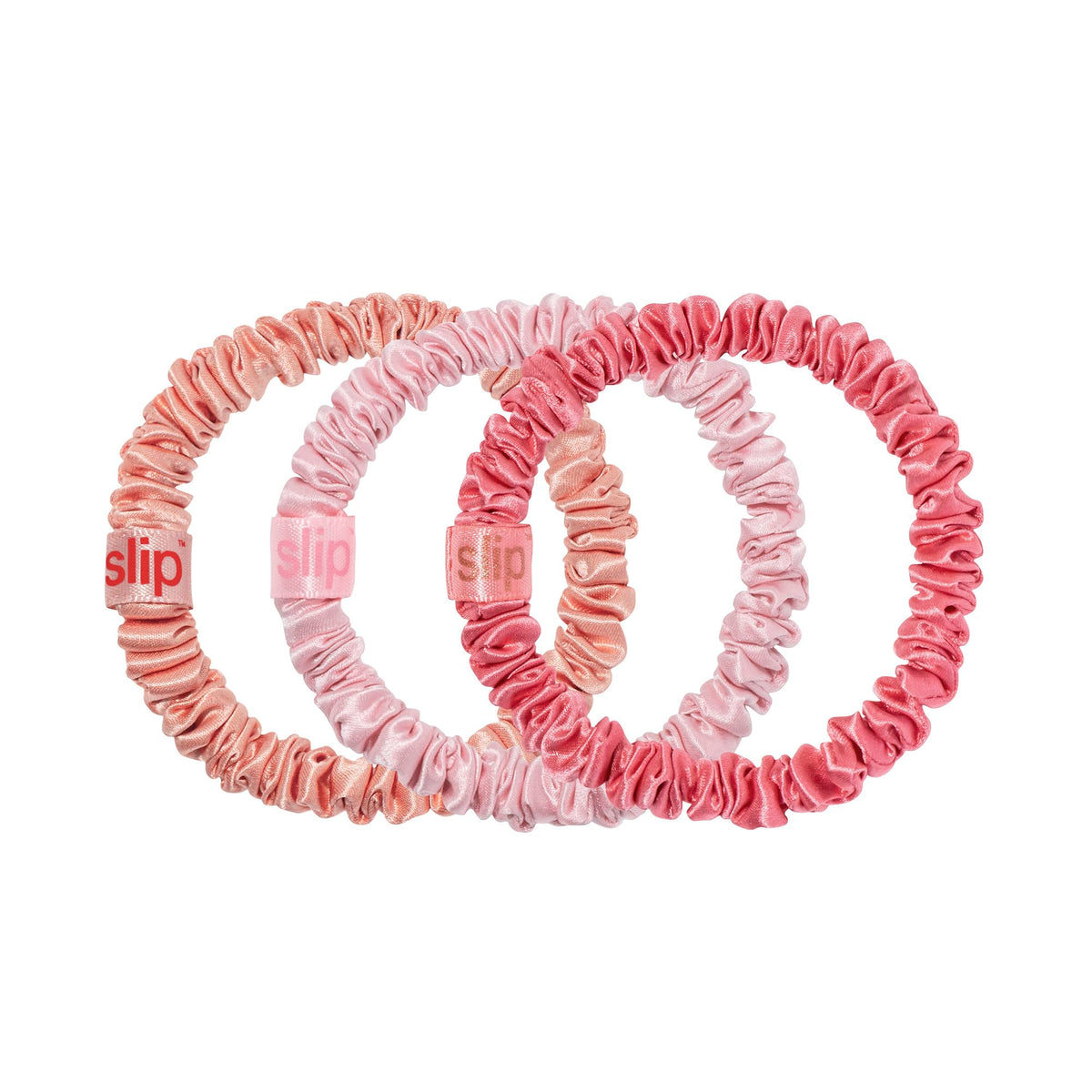 SLIP Silk Hair Ties Sherbet Skinny Scrunchies set of three in peach, blush, and candy
