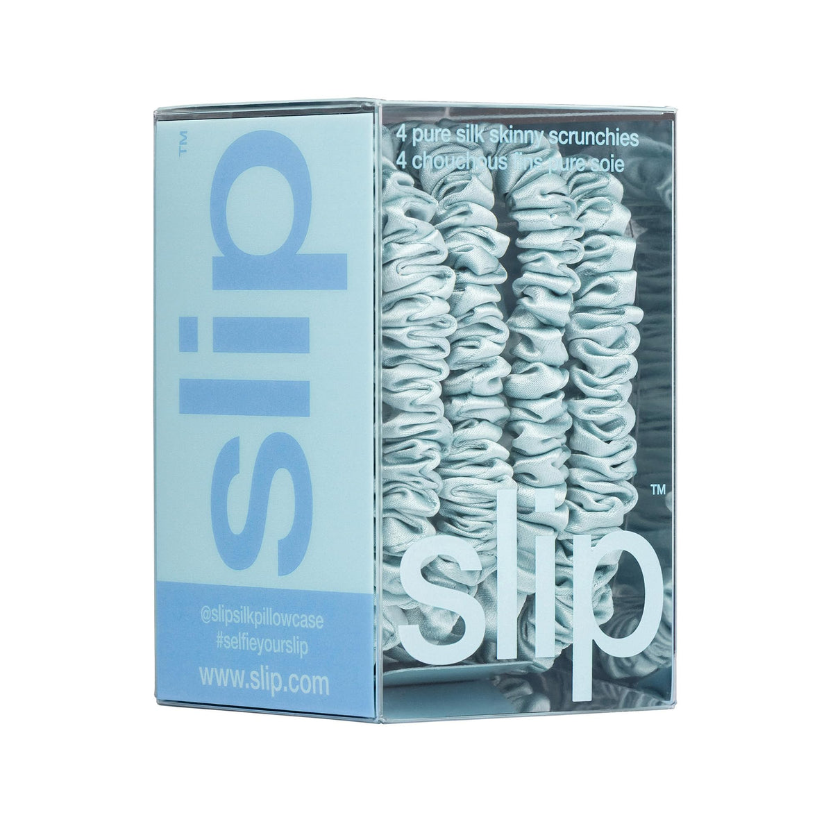 SLIP Silk Hair Ties Sky Blue Skinny Scrunchies lifestyle shot