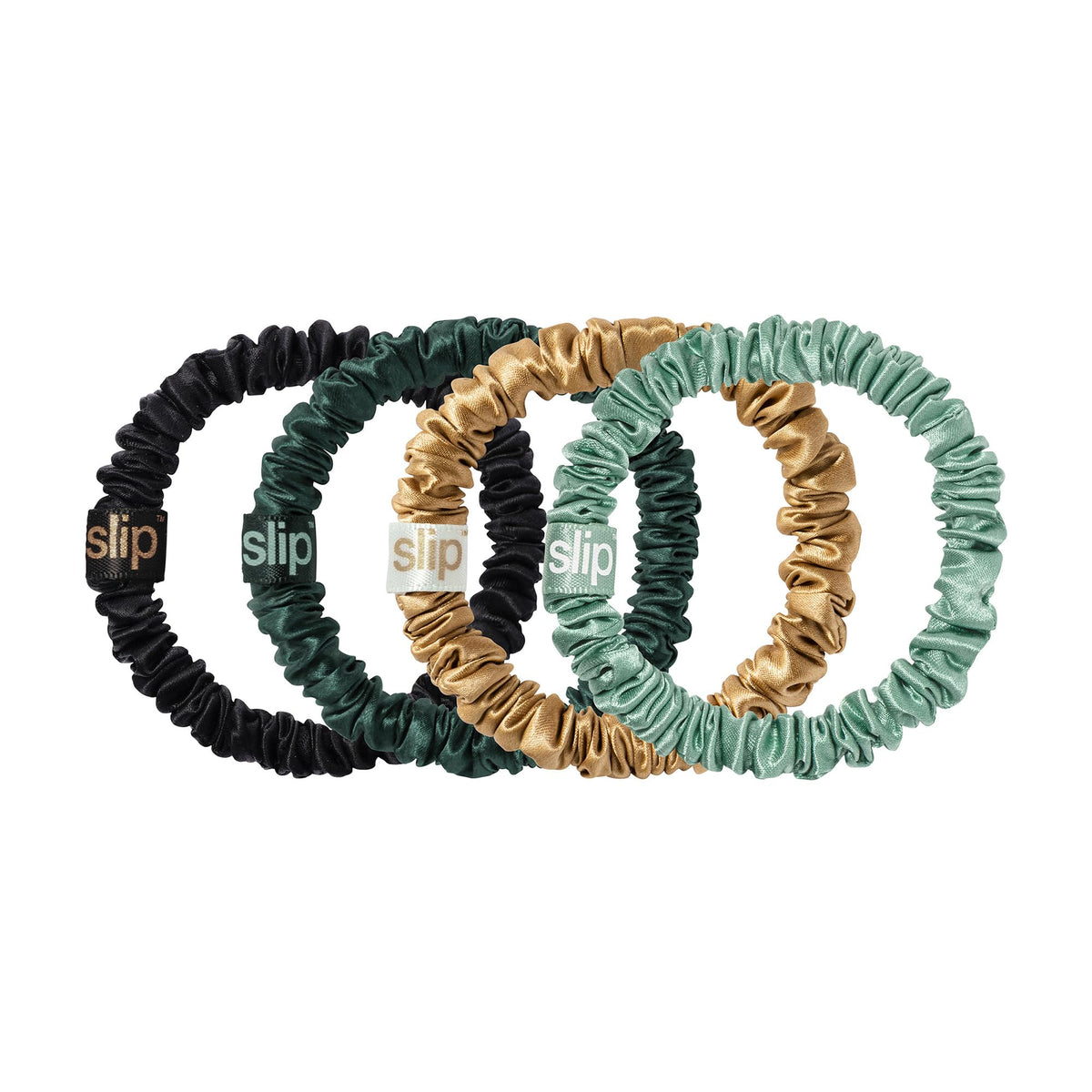 SLIP Silk scrunchies displayed on a festive background