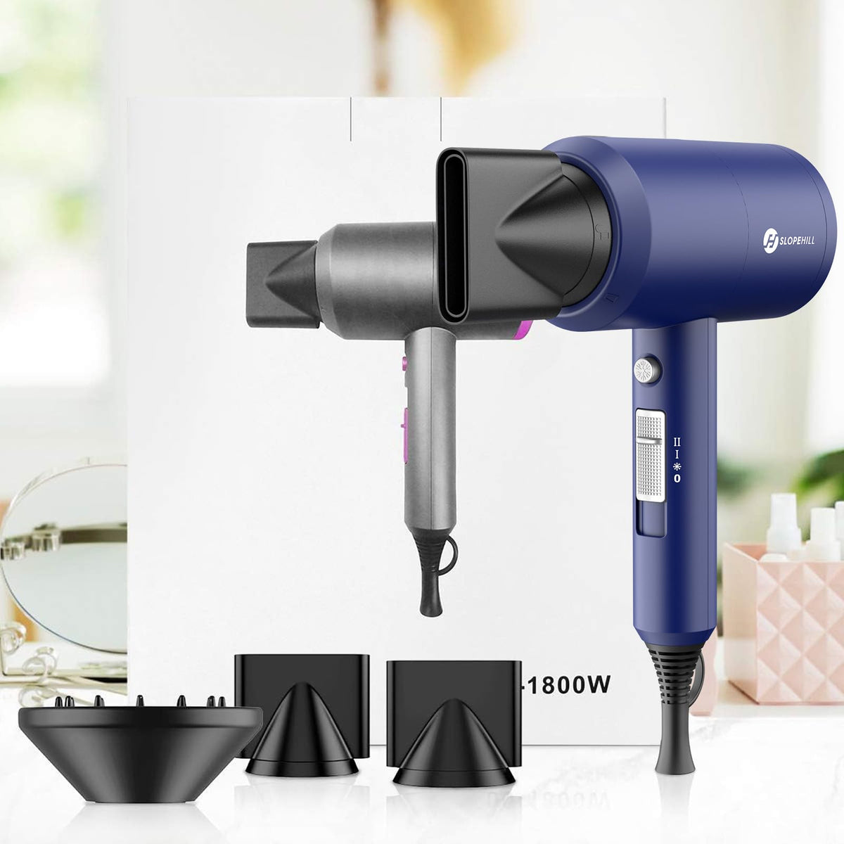 Slopehill Ionic Hair Dryer with attachments laid out