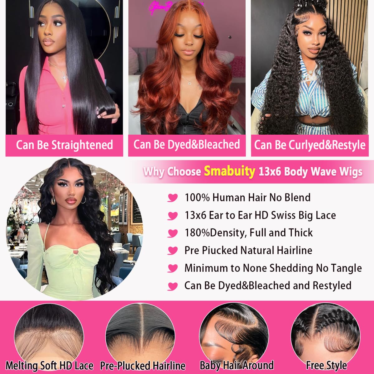 Smabuity Body Wave Lace Front Wig 26 Inch side view