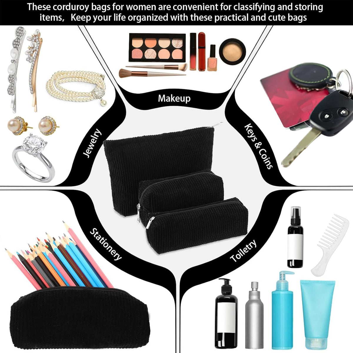 Small black corduroy makeup bag from Huhumy, top view