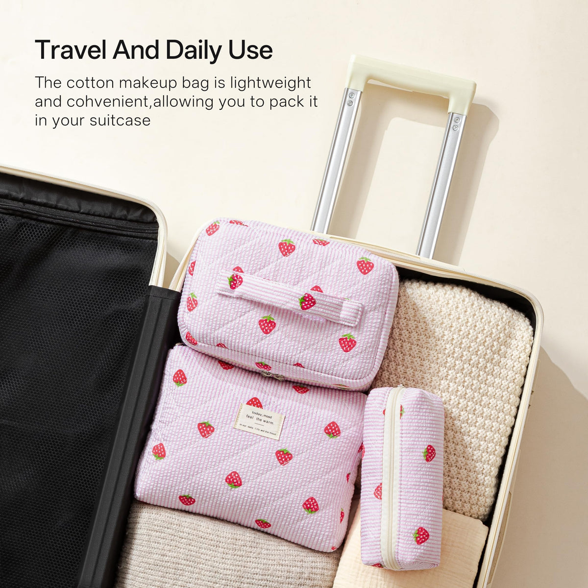Small HBselect Quilted Makeup Bag in a travel setting