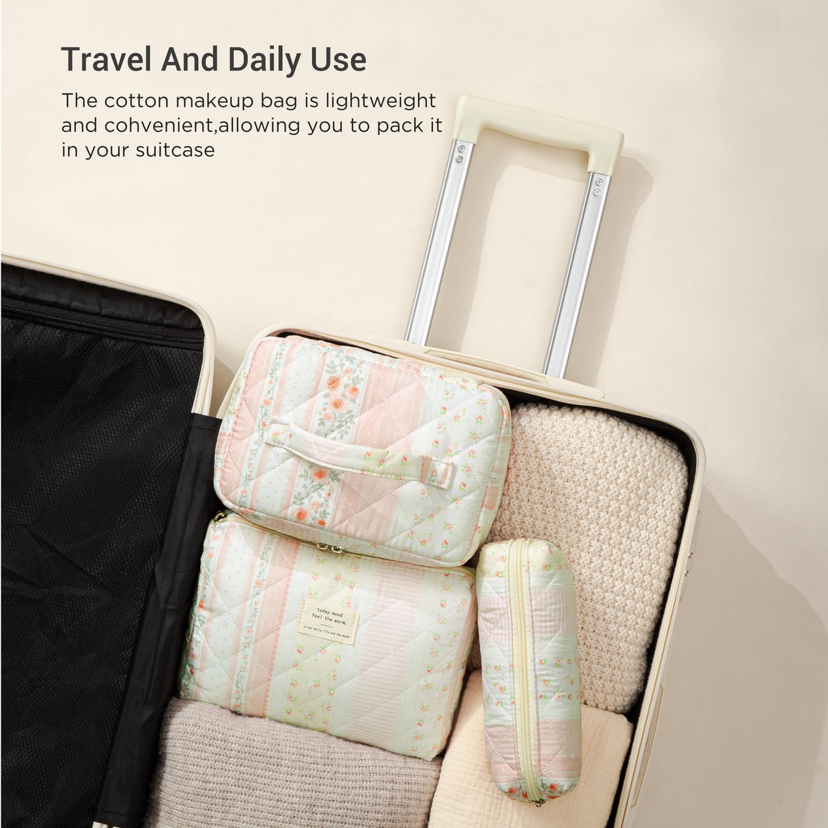 Small HBselect Quilted Makeup Bag open showing storage