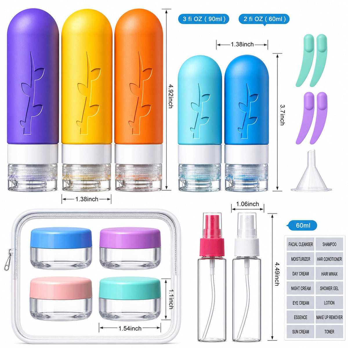 Small silicone travel bottles (2oz/60ml) included in Aeomni set