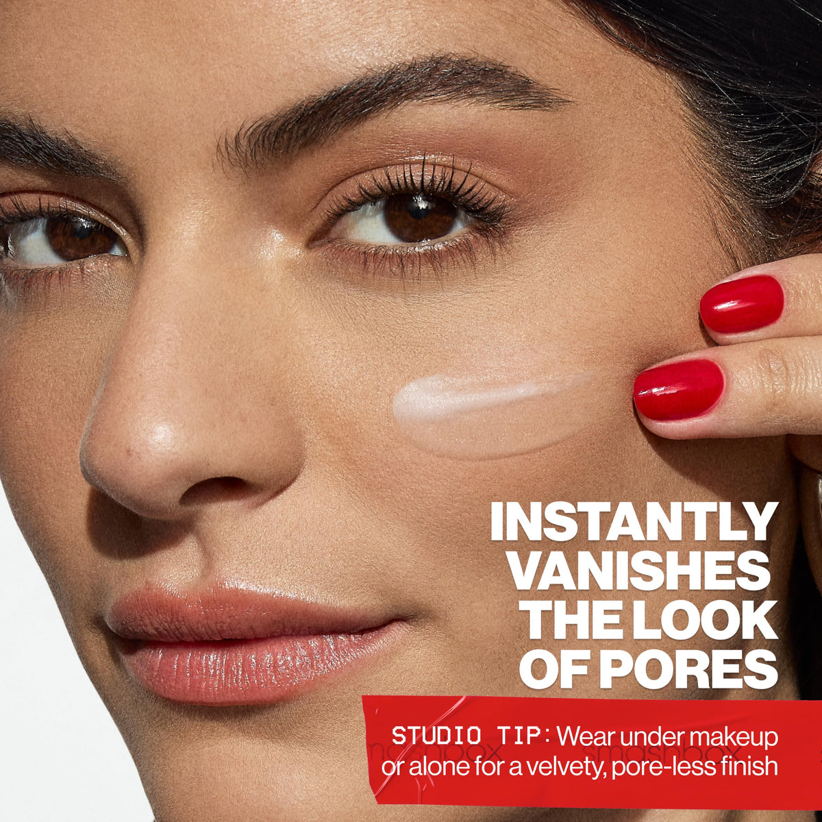 Smashbox Pore Vanishing Primer on vanity with makeup products