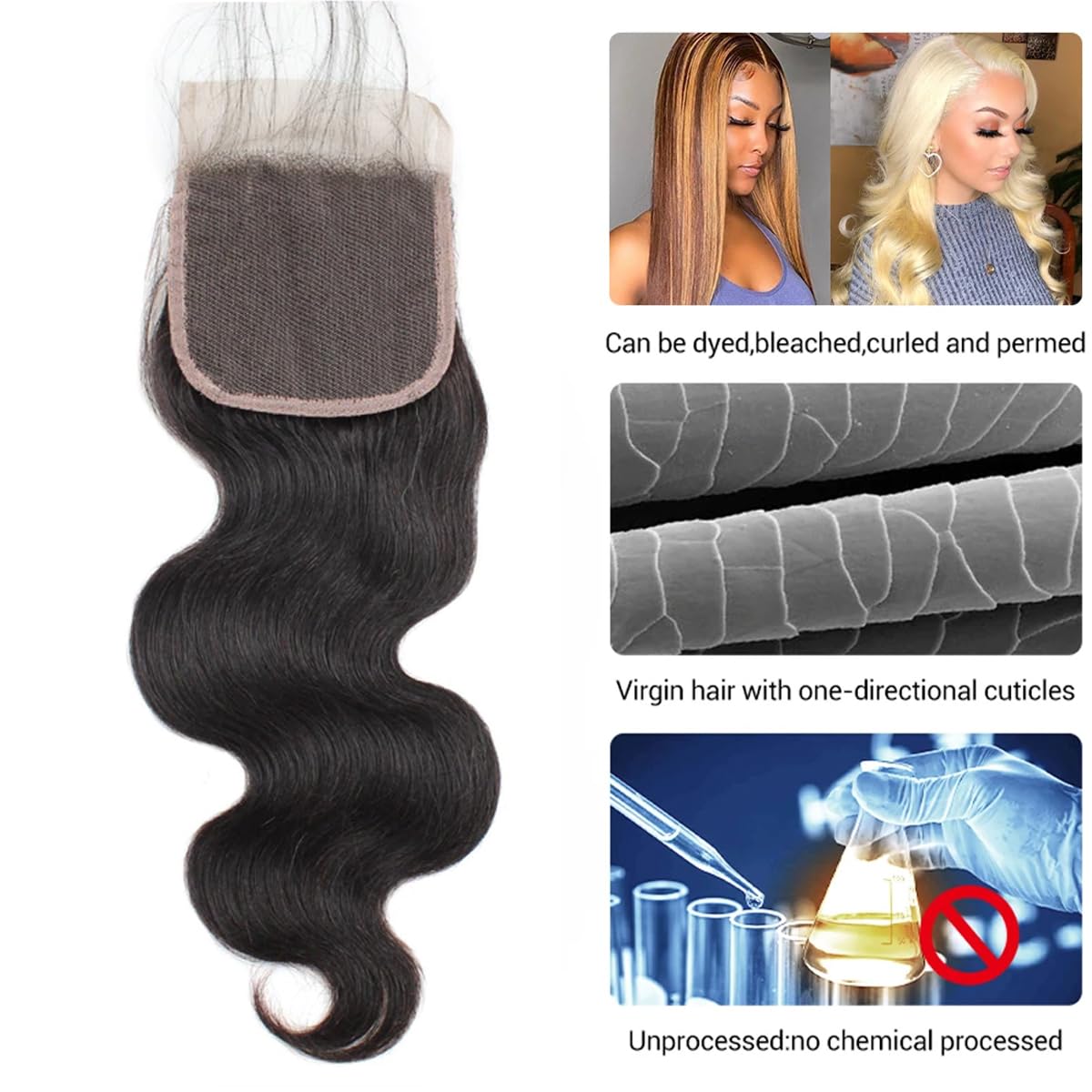 Smoothair 4x4 Lace Closure displayed with styling tools
