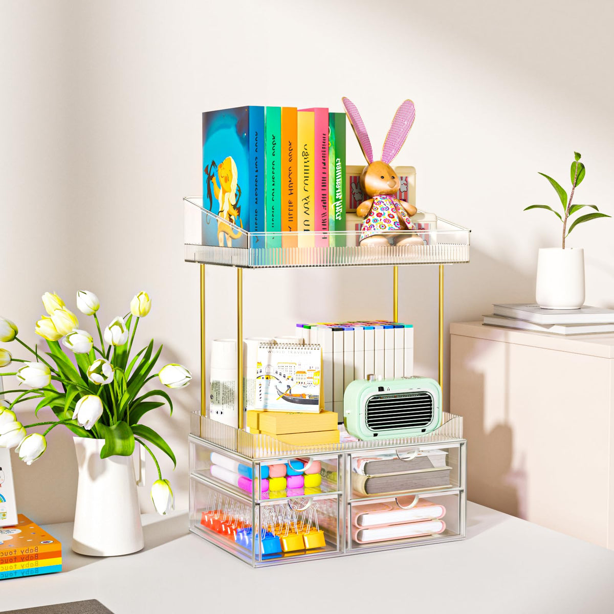 SNSLXH 4-Tier Clear Makeup Organizer top view with skincare products