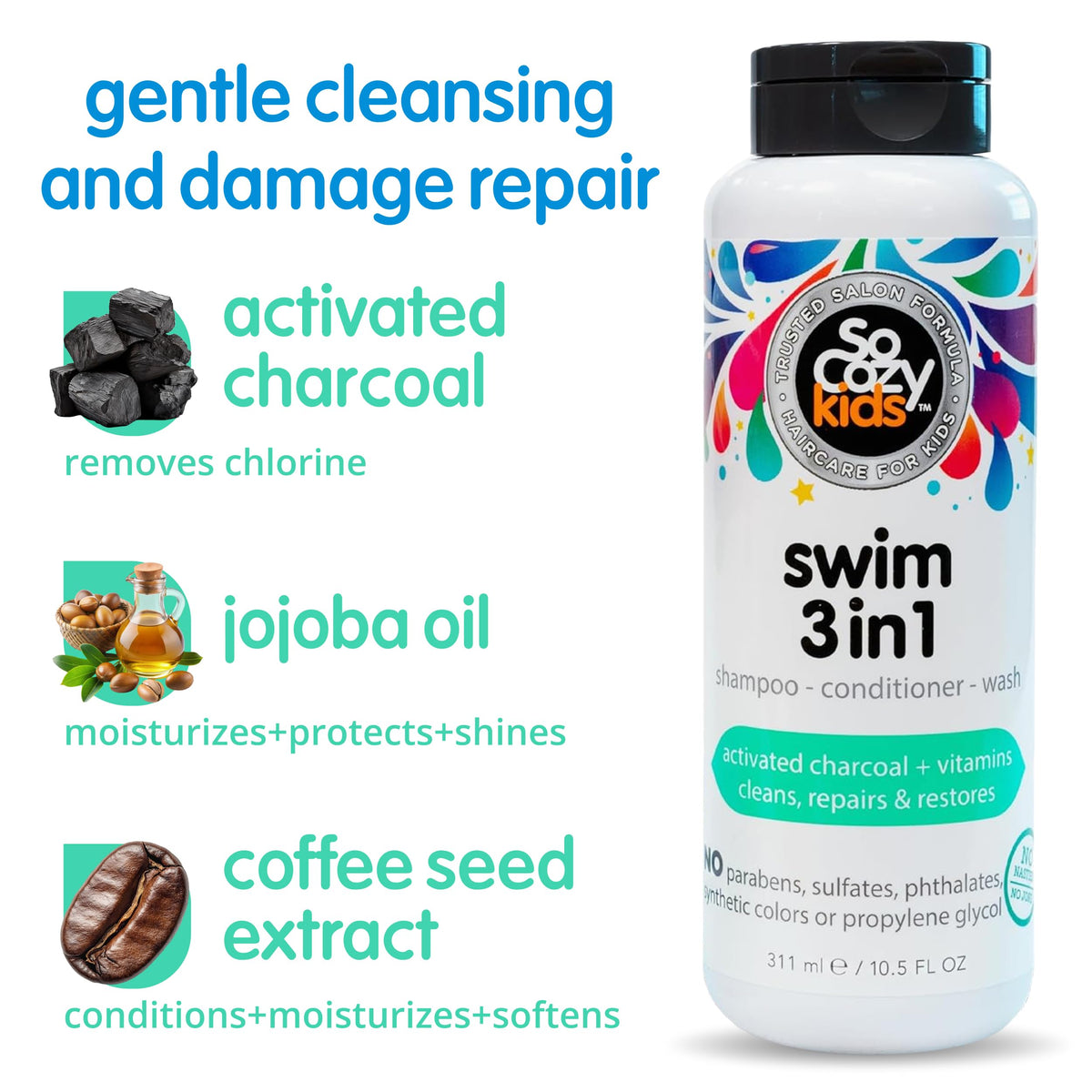 SO COZY Kids Swim 3-in-1 Shampoo Conditioner Body Wash cap close-up