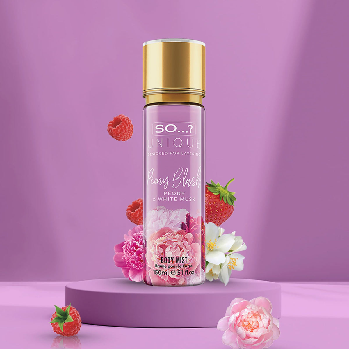 So...? Unique Peony Blush Body Mist bottle with fruits