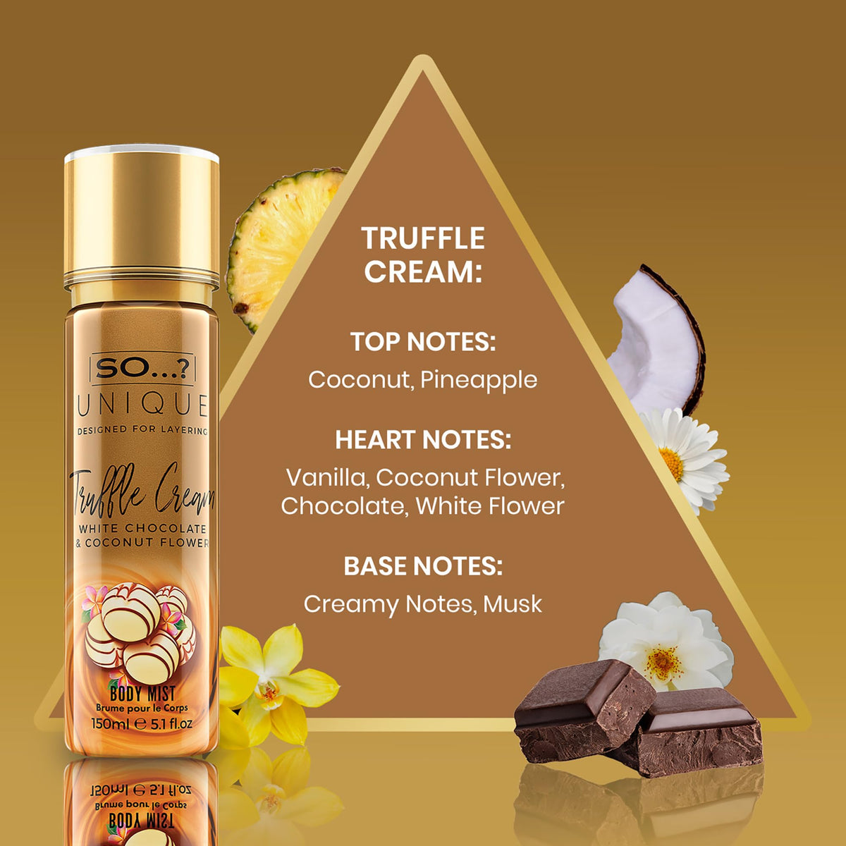 So...? Unique Truffle Cream Body Mist bottle with vanilla and coconut notes