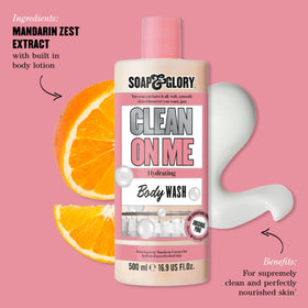 Soap & Glory Clean on Me Body Wash with floral background