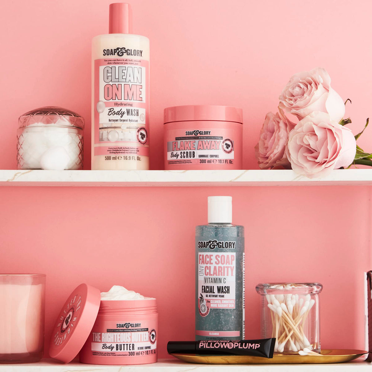 Soap & Glory Face Soap & Clarity 3-in-1 Cleansing Gel on bathroom shelf