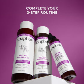 Soapbox Biotin & Super Fruit Shampoo and Conditioner set in lifestyle setting