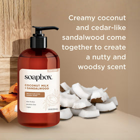 Soapbox Coconut Milk & Sandalwood Liquid Hand Soap in a bathroom setting