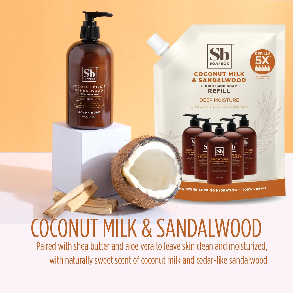Soapbox Coconut Milk & Sandalwood Liquid Hand Soap Refill 64oz packaging