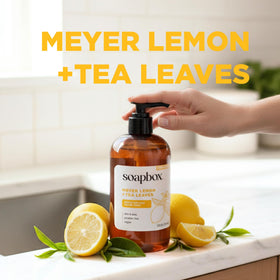 Soapbox hand soap with fresh lemons and tea leaves