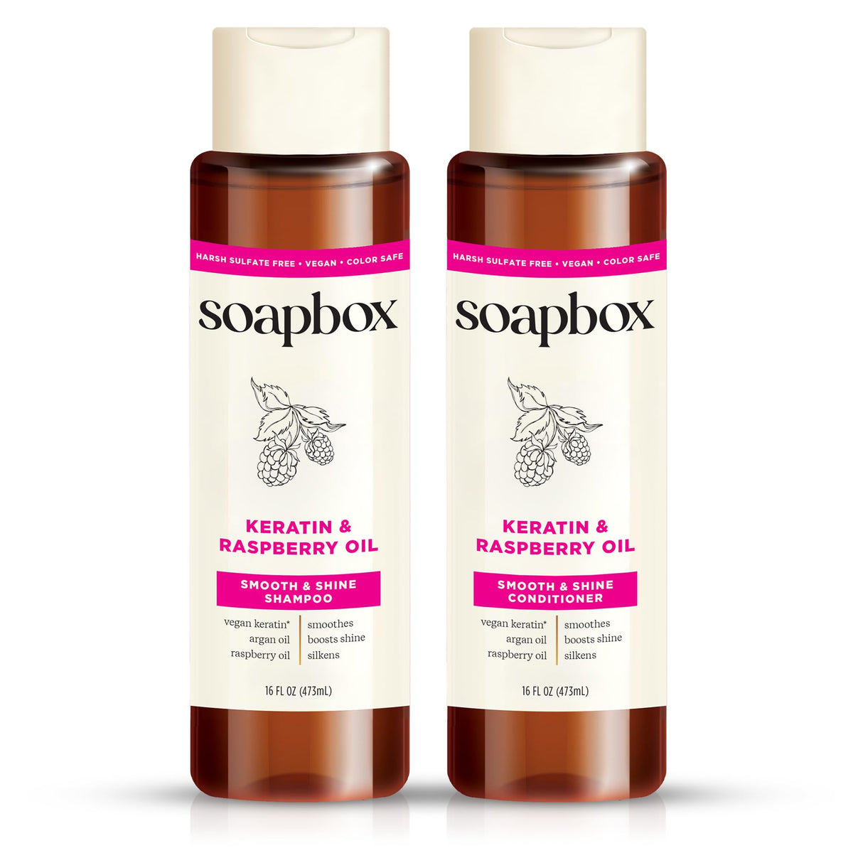 Soapbox Keratin & Raspberry Seed Oil Shampoo front view, 16oz