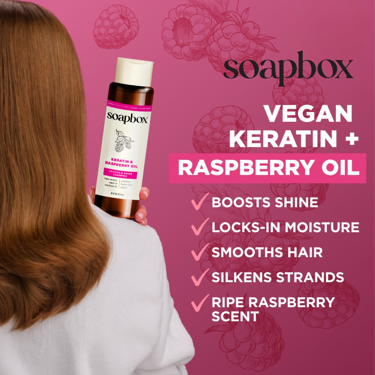 Soapbox Keratin Shampoo and Conditioner on a bathroom shelf