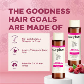 Soapbox Keratin Shampoo and Conditioner with a towel and hairbrush