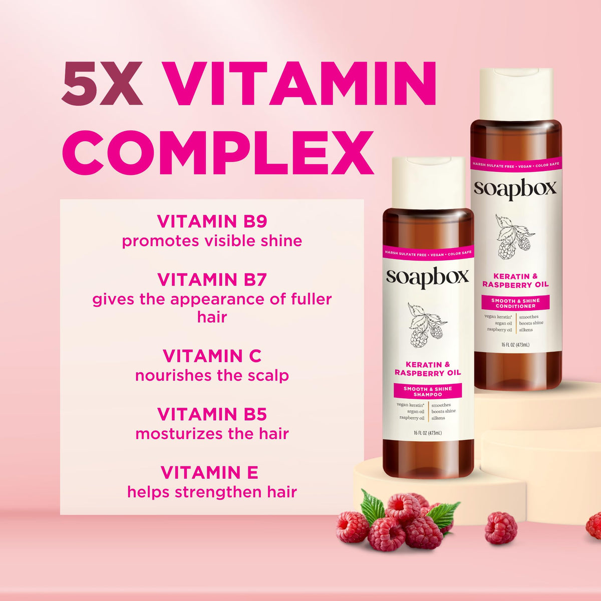 Soapbox Keratin Shampoo and Conditioner with ingredients displayed