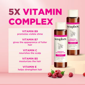 Soapbox Keratin Shampoo and Conditioner with ingredients displayed