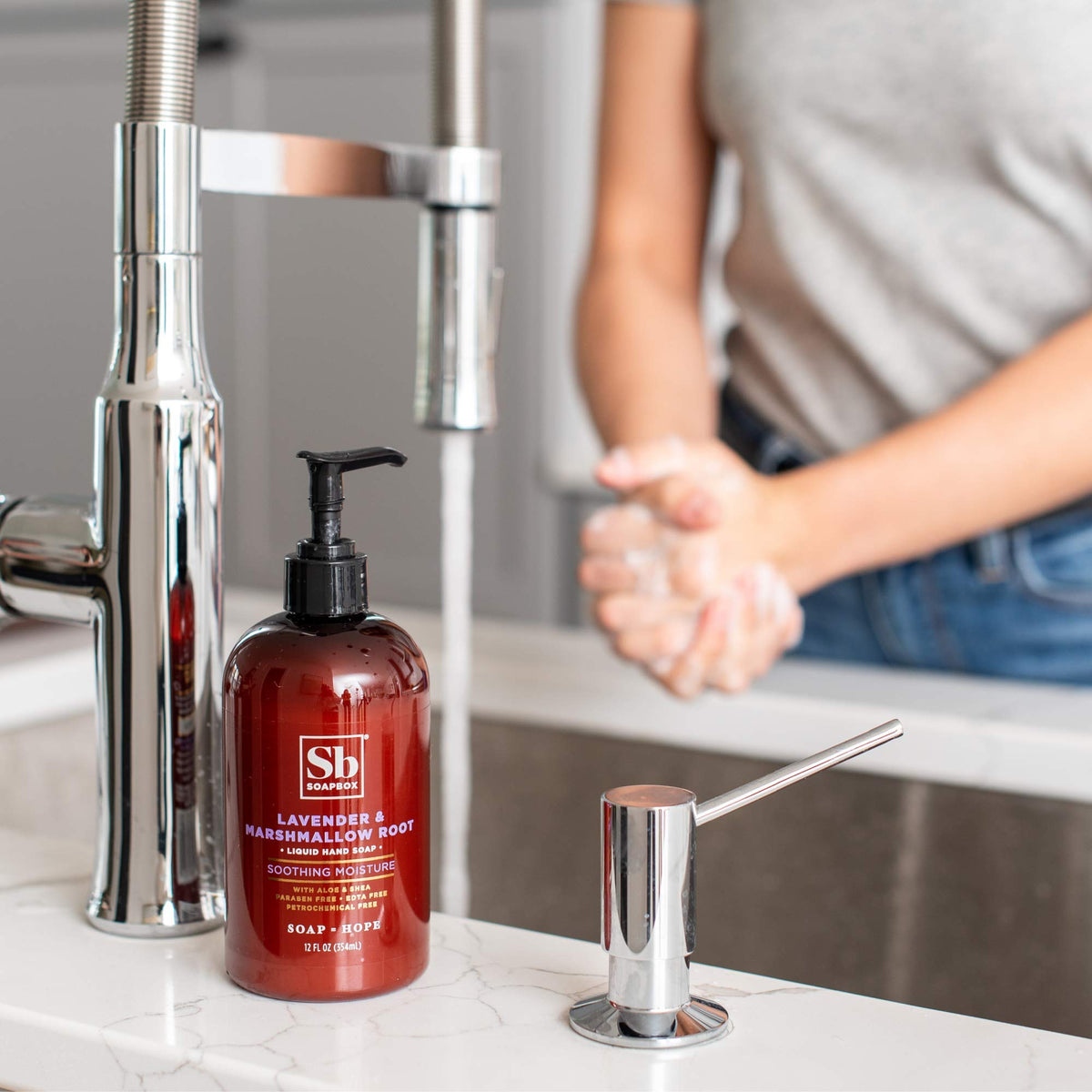 Soapbox Lavender & Marshmallow Root Liquid Hand Soap in a bathroom setting