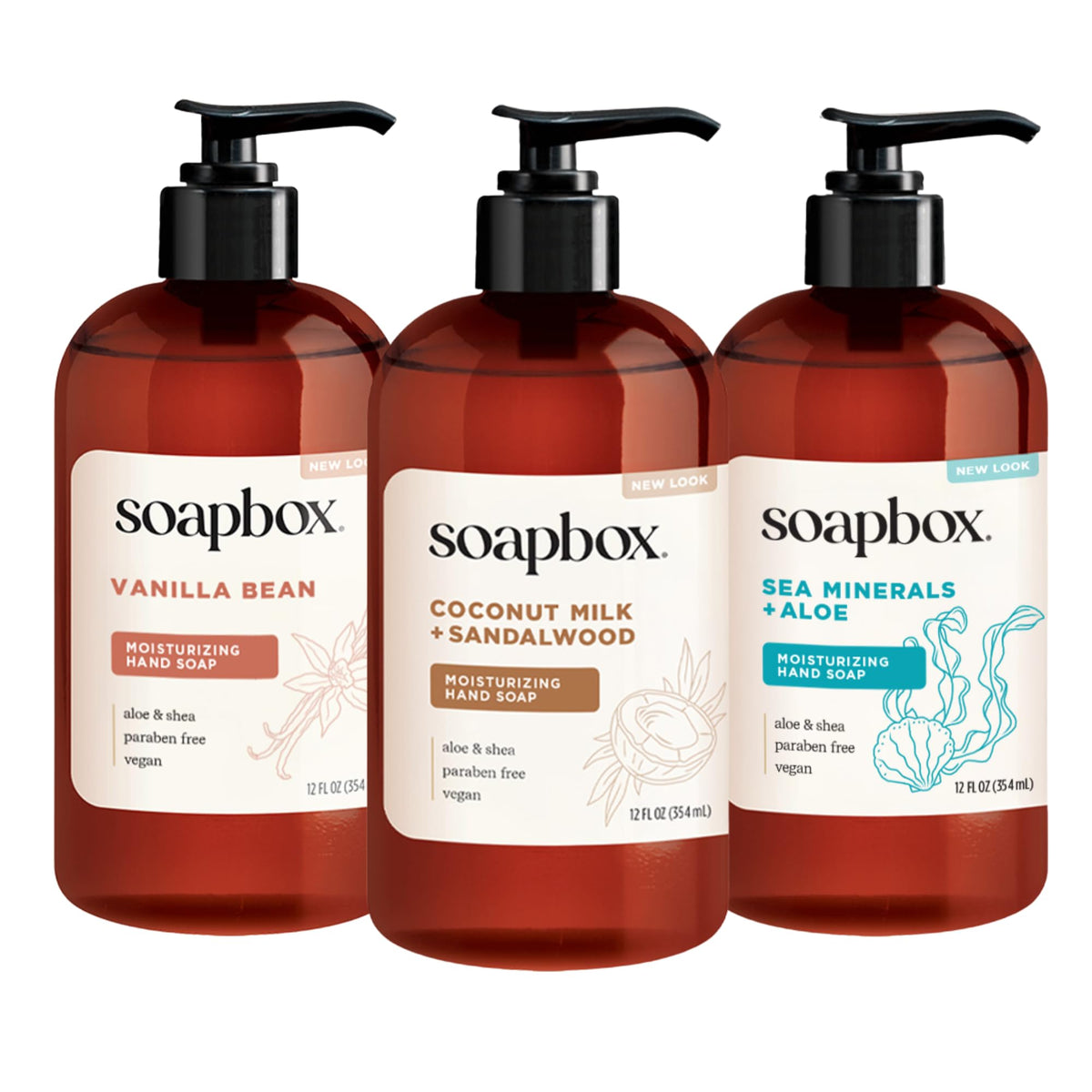Soapbox Liquid Hand Soap Variety Pack - Coconut, Sea Minerals & Vanilla front view