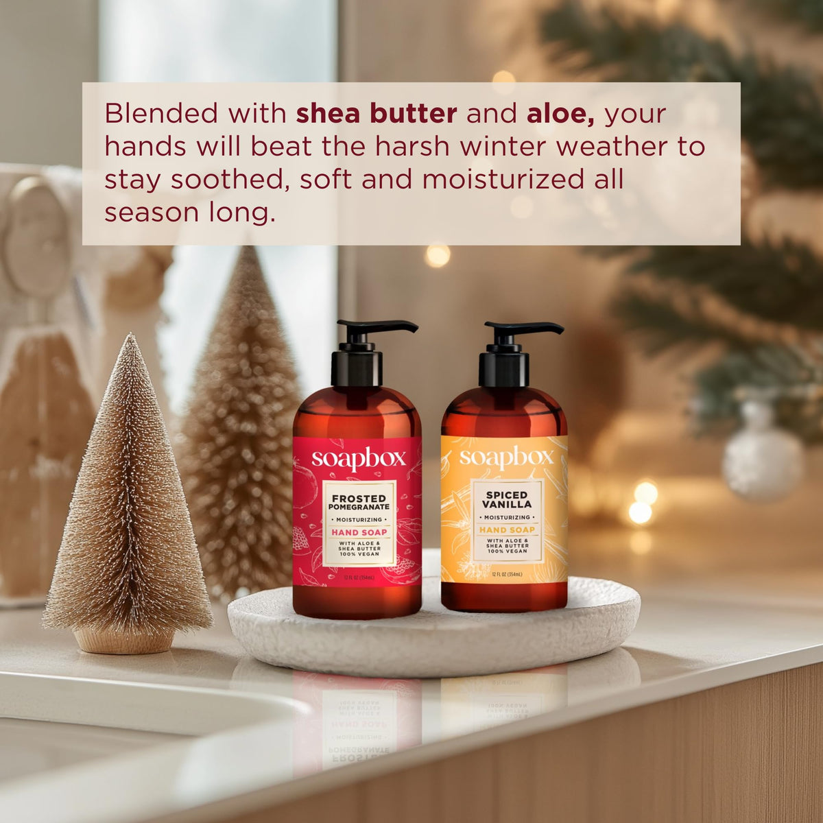Soapbox Spiced Vanilla & Frosted Pomegranate Hand Soap in a bathroom setting