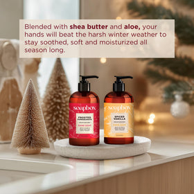 Soapbox Spiced Vanilla & Frosted Pomegranate Hand Soap in a bathroom setting