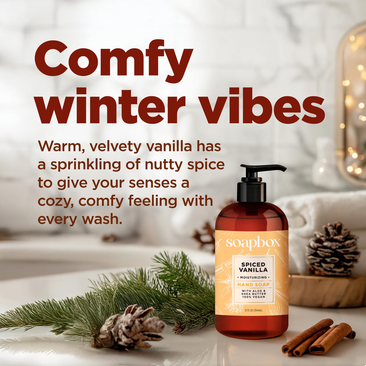 Soapbox Spiced Vanilla & Frosted Pomegranate Hand Soap with ingredients