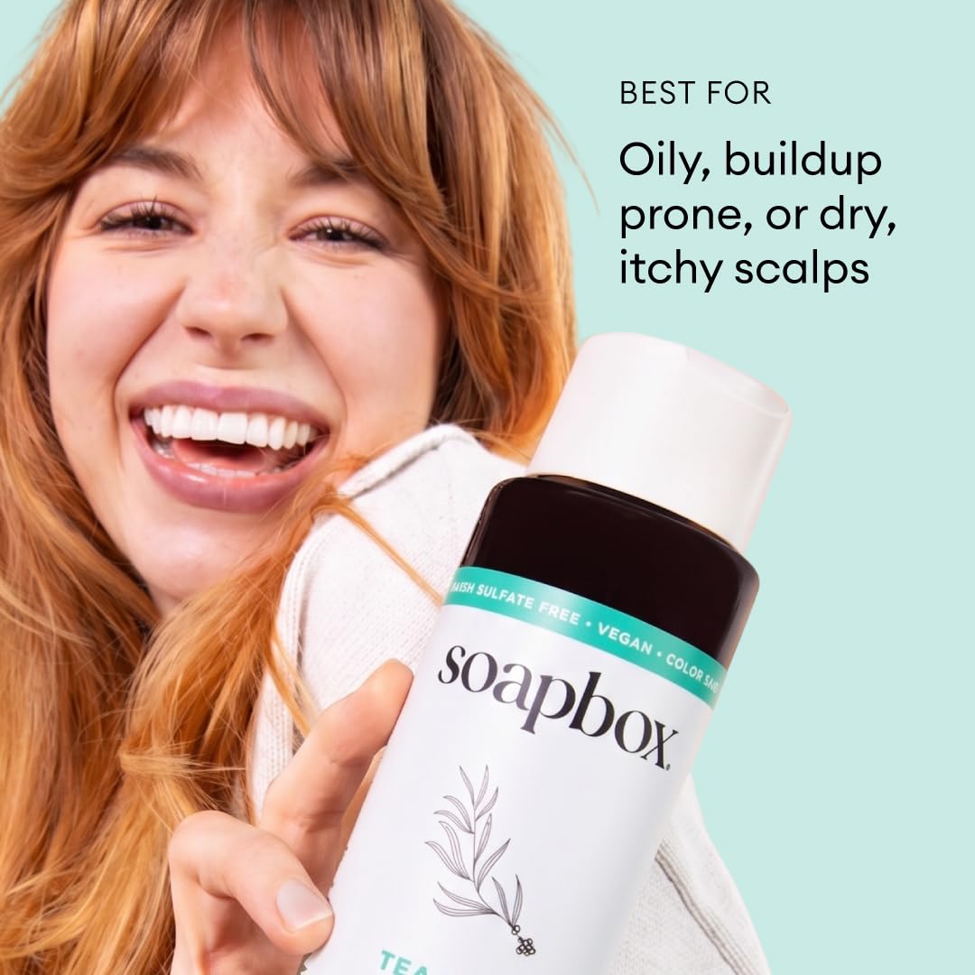 Soapbox Tea Tree & Mint Shampoo bottle close-up