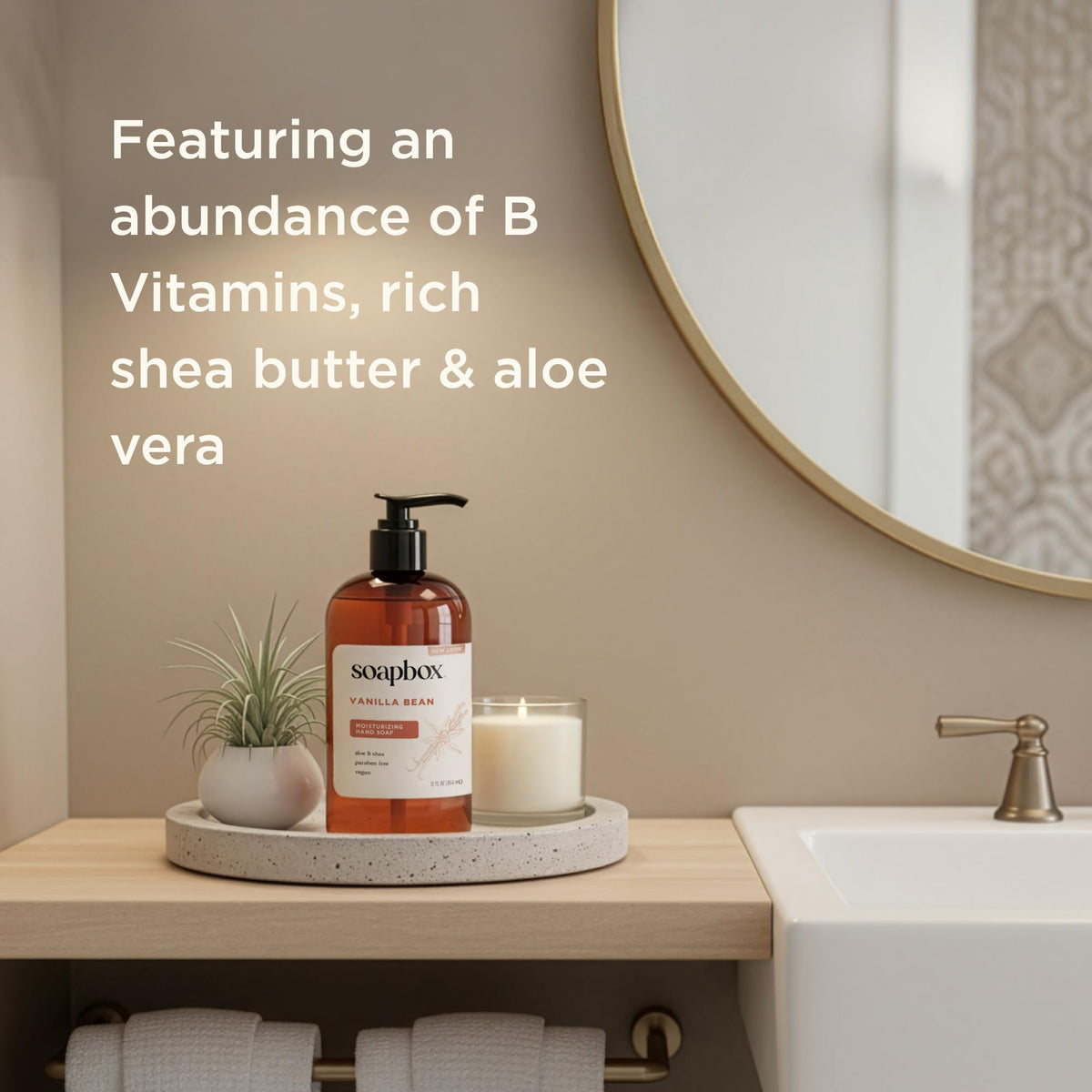 Soapbox Vanilla Bean Liquid Hand Soap on a bathroom counter