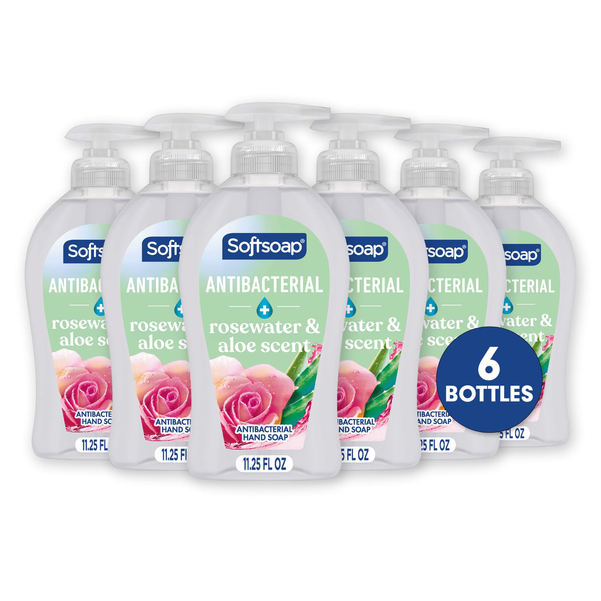 Softsoap Antibacterial Hand Soap 6 Pack, rosewater and aloe scent front view