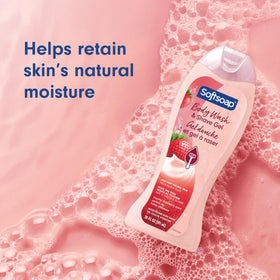 Softsoap Creamy Strawberry Body Wash and Shave Gel in a bathroom setting