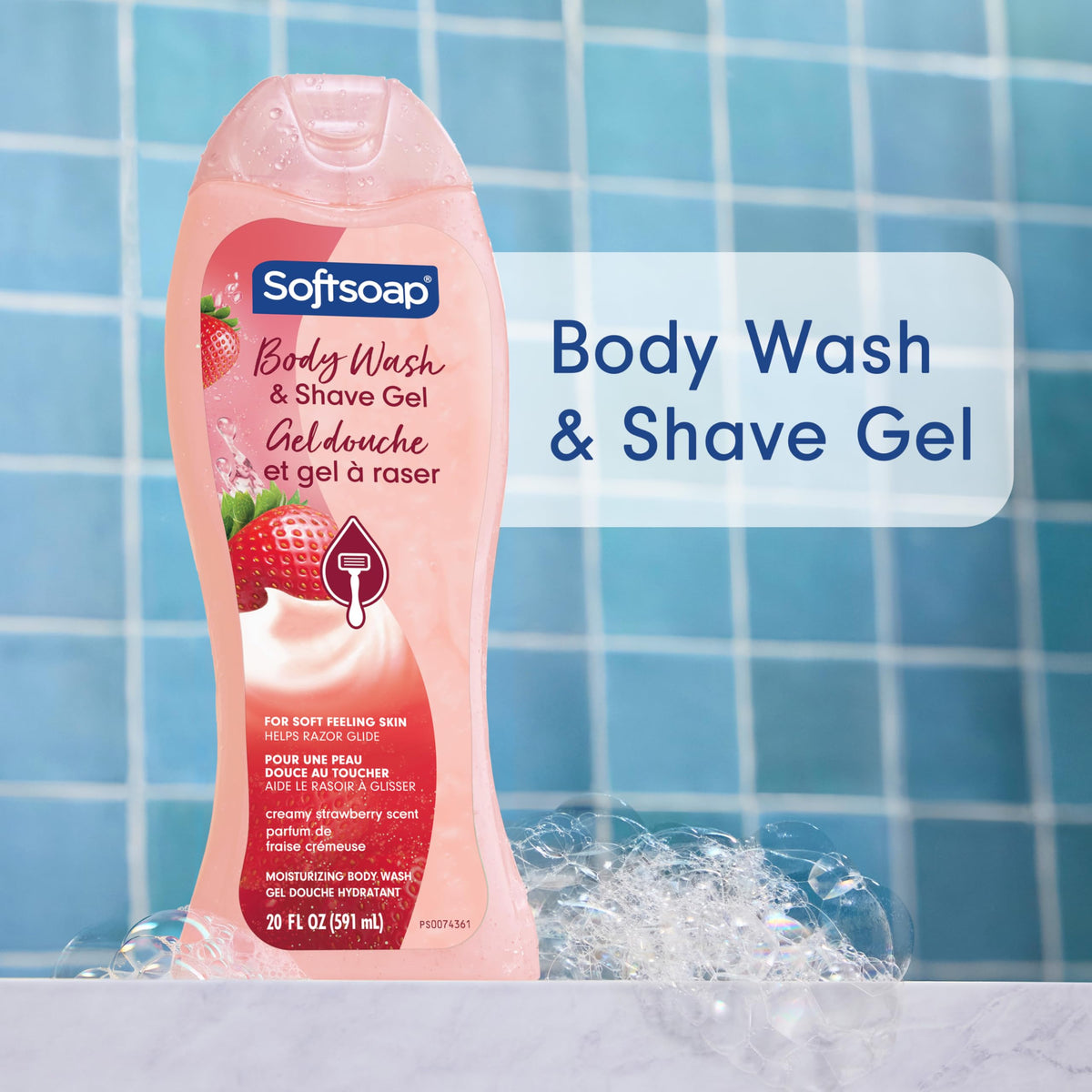 Softsoap Creamy Strawberry Body Wash and Shave Gel packaging side view