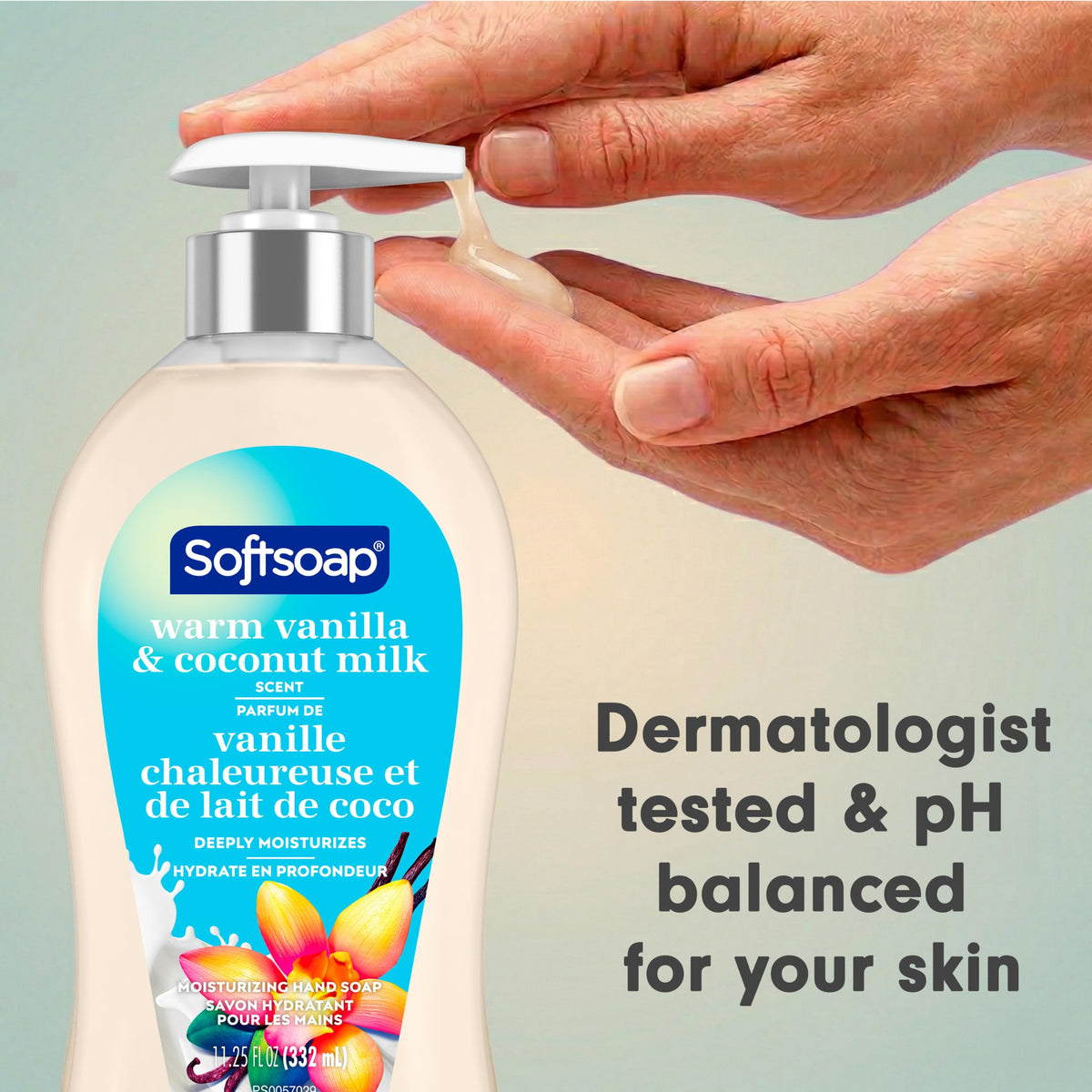 Softsoap Warm Vanilla and Coconut Milk Hand Soap 11.25 oz on a kitchen sink
