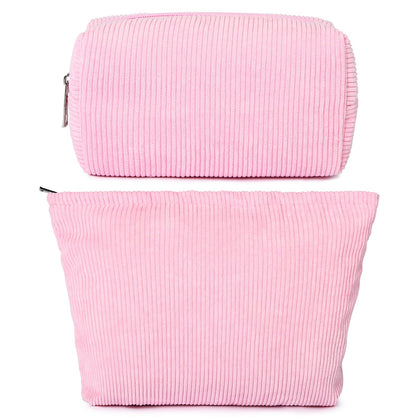 SOIDRAM 2 Pack Corduroy Makeup Bags in hot pink front view