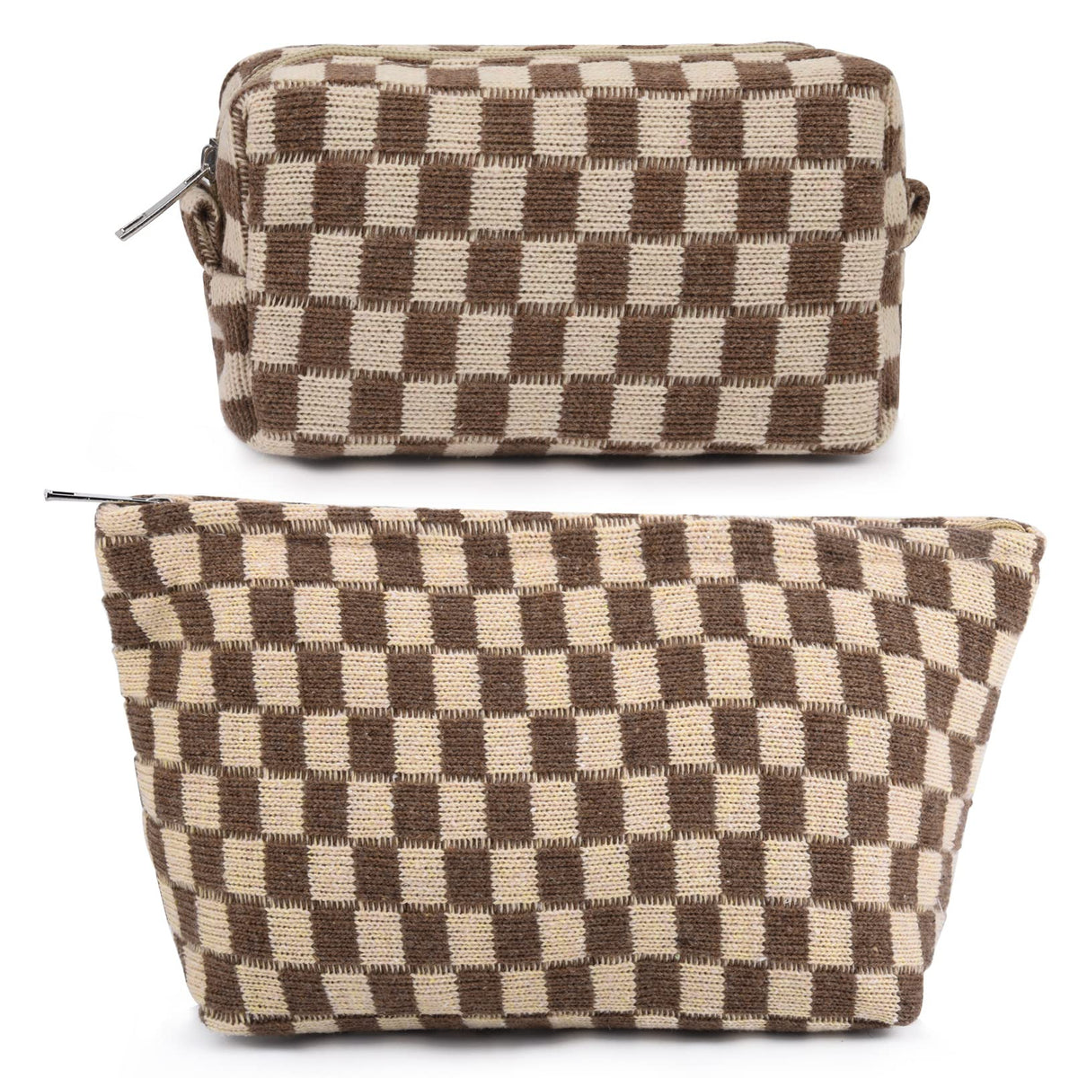 SOIDRAM 2 Pieces Makeup Bag Set in brown checkered design front view