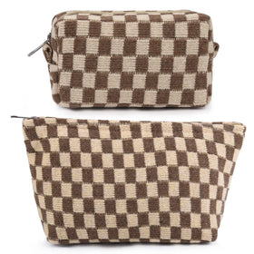 SOIDRAM 2 Pieces Makeup Bag Set in brown checkered design front view