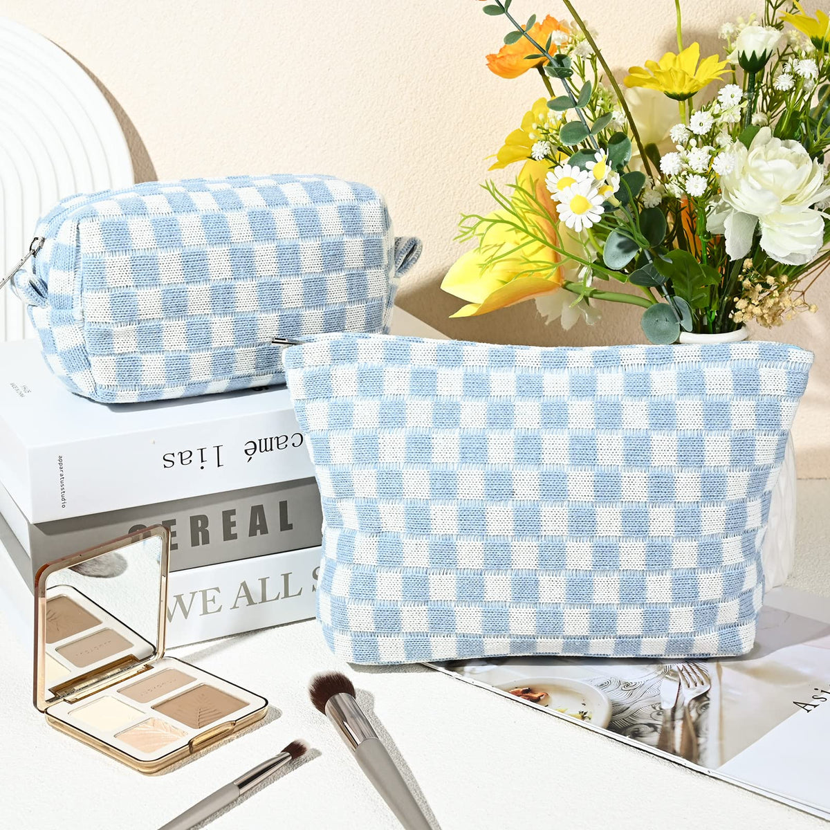 SOIDRAM blue checkered makeup bag side view