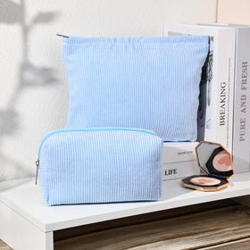 SOIDRAM blue cosmetic bags on a travel suitcase