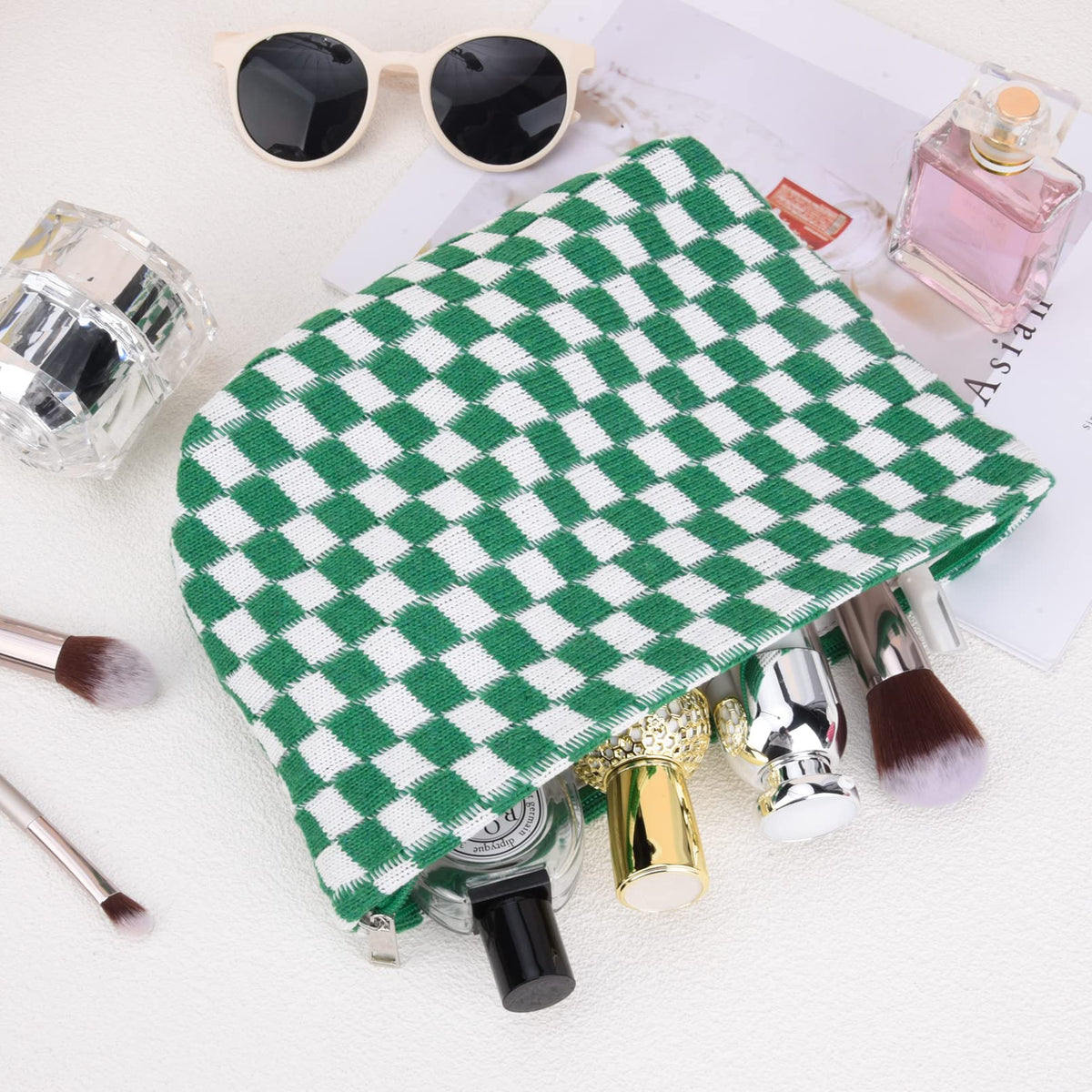 SOIDRAM checkered cosmetic bags stacked together