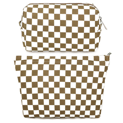 SOIDRAM checkered makeup bag front view in coffee brown
