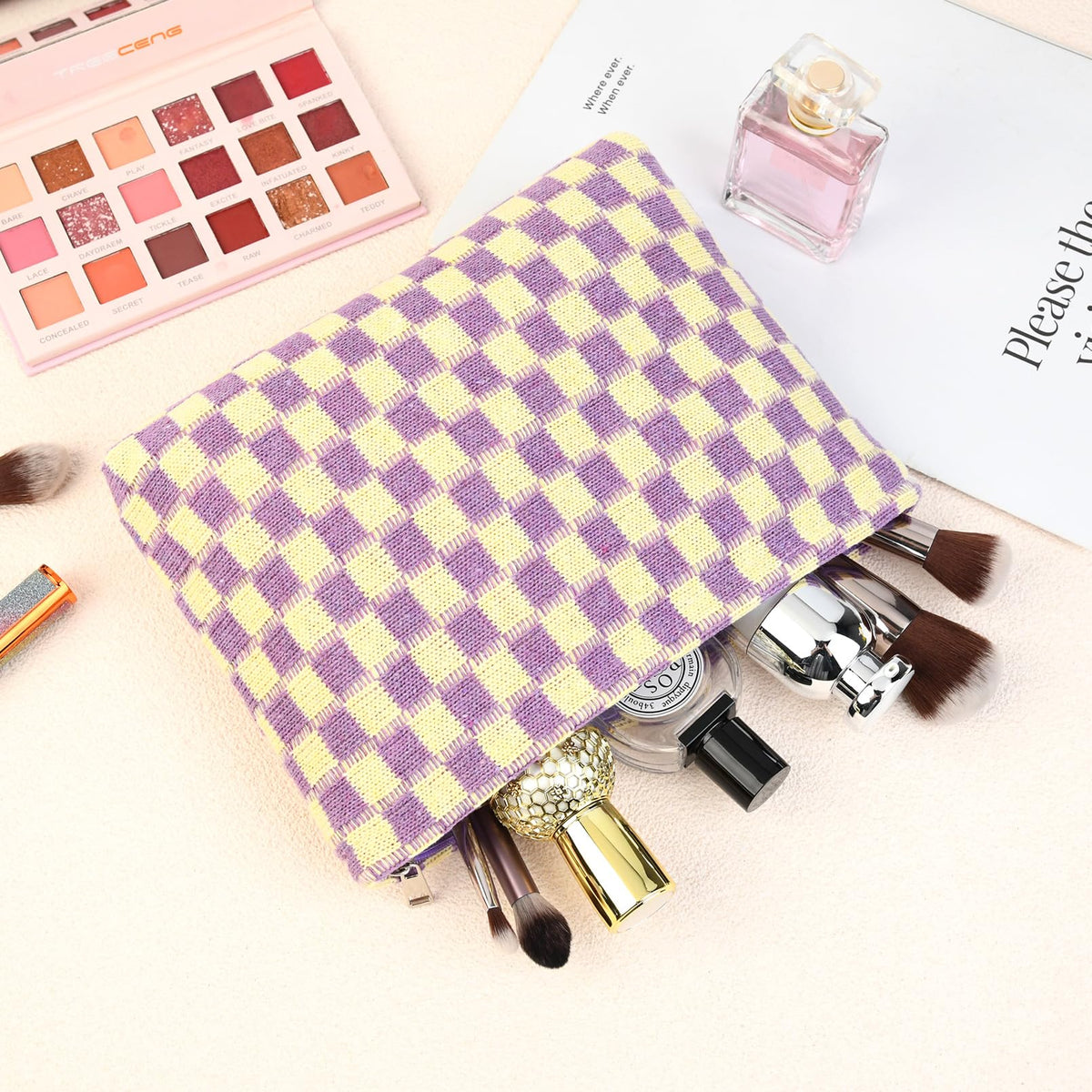 SOIDRAM Checkered Makeup Bag lifestyle scene with user