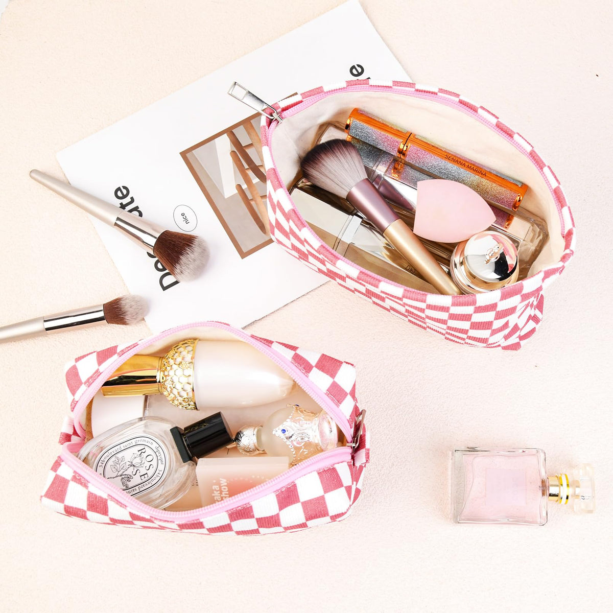 SOIDRAM checkered makeup bag set displayed on a vanity