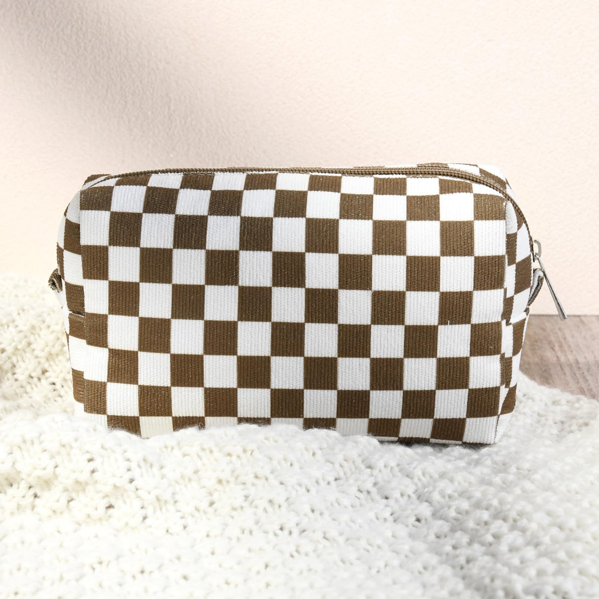 SOIDRAM checkered makeup bag set displayed together