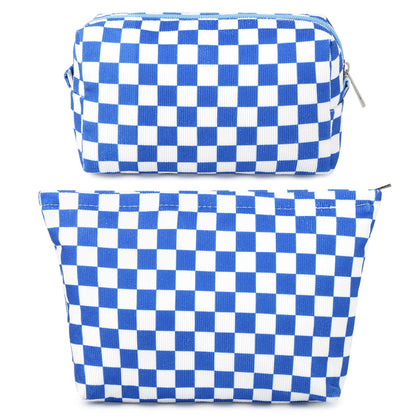 SOIDRAM checkered makeup bag set front view in royal blue