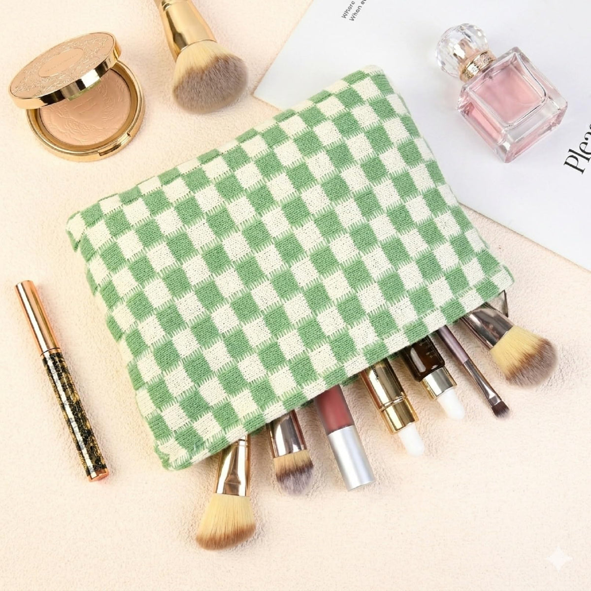 SOIDRAM checkered makeup bag set stacked for storage